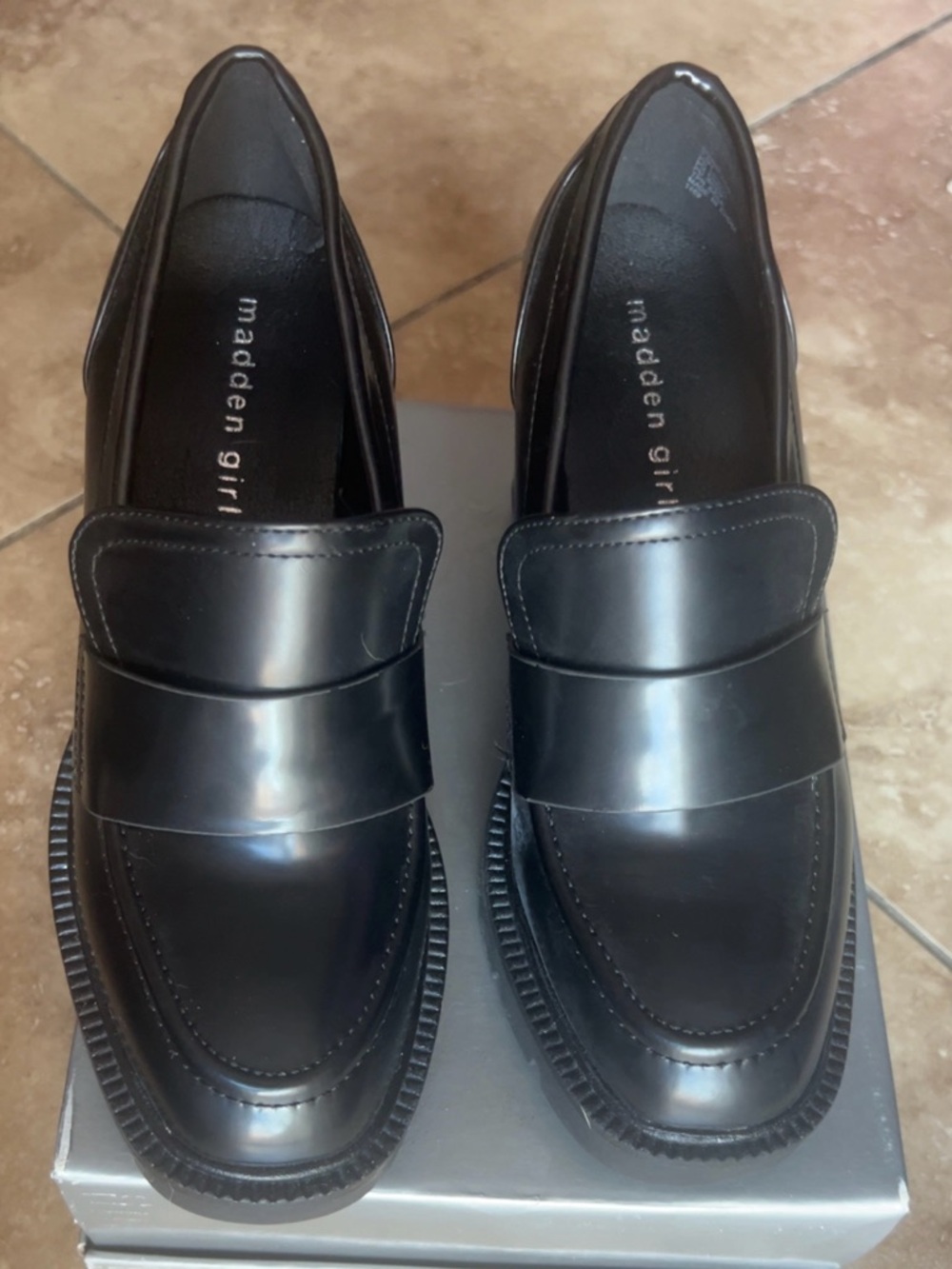 Madden Girl | Women’s Black Leather Loafer Heels Shoes Sleek Slip-On Style